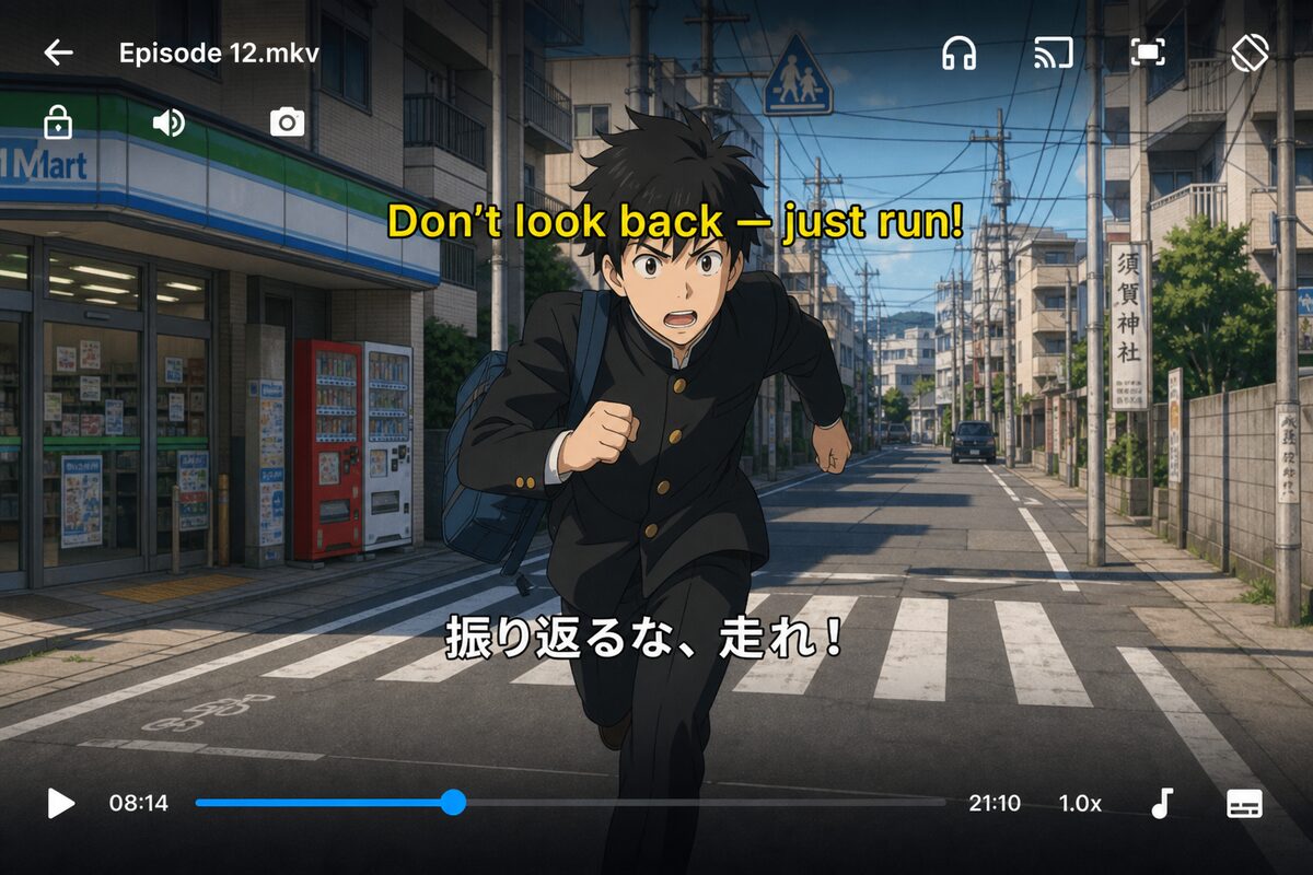 SubX Player showing anime with dual English and Japanese subtitles