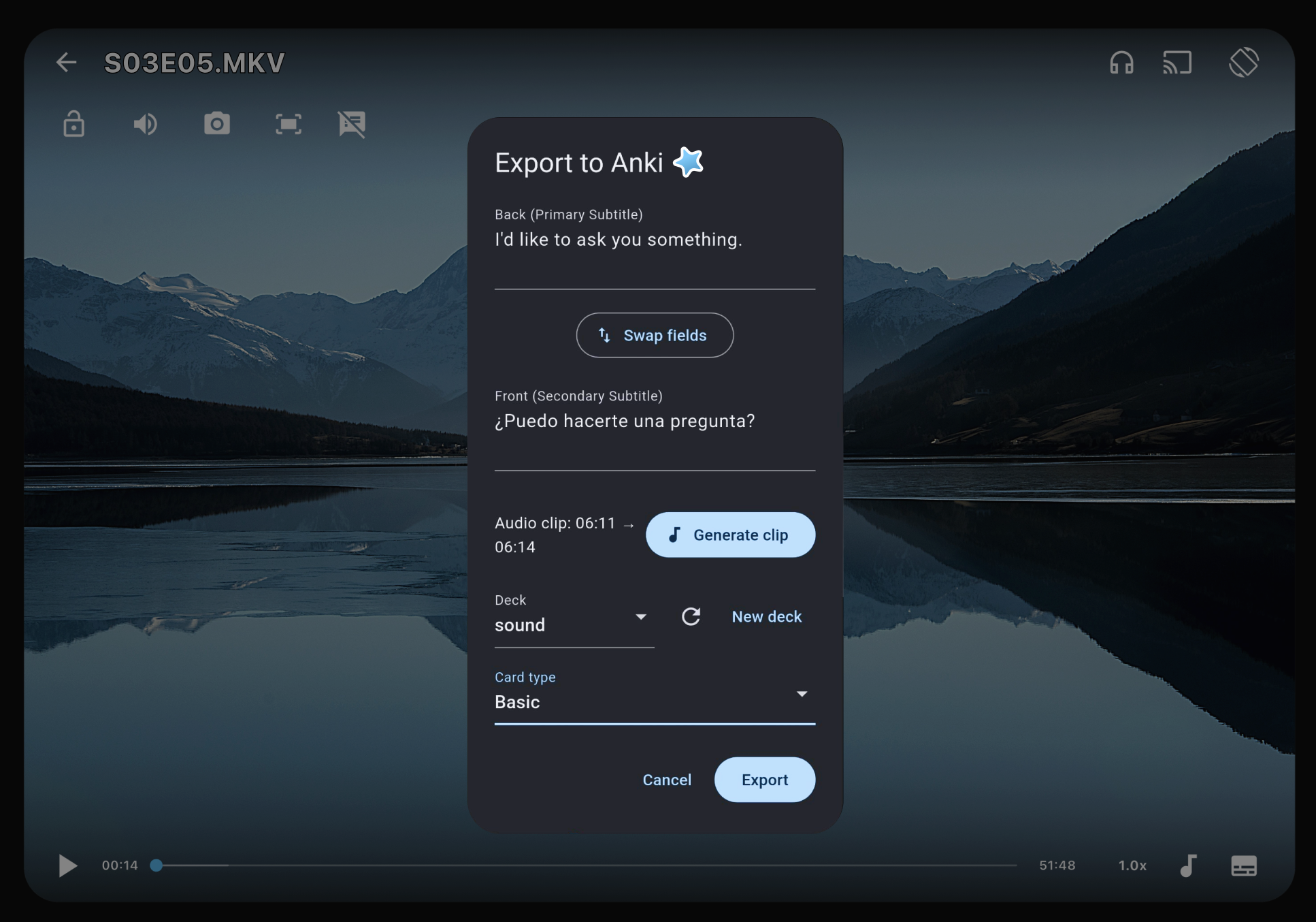 SubX Player export to Anki dialog showing bilingual subtitle fields, audio clip generation, and deck selection
