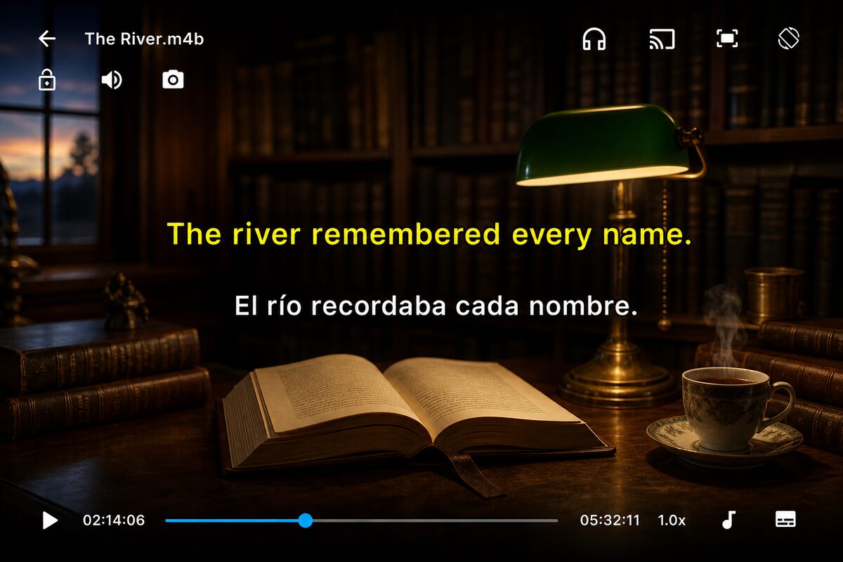 SubX Player showing an audiobook with dual English and Spanish subtitles