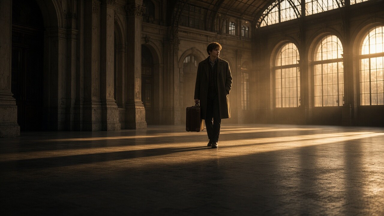 A young man pausing at the entrance of a European train station at sunrise, suitcase in hand, in a cinematic film still