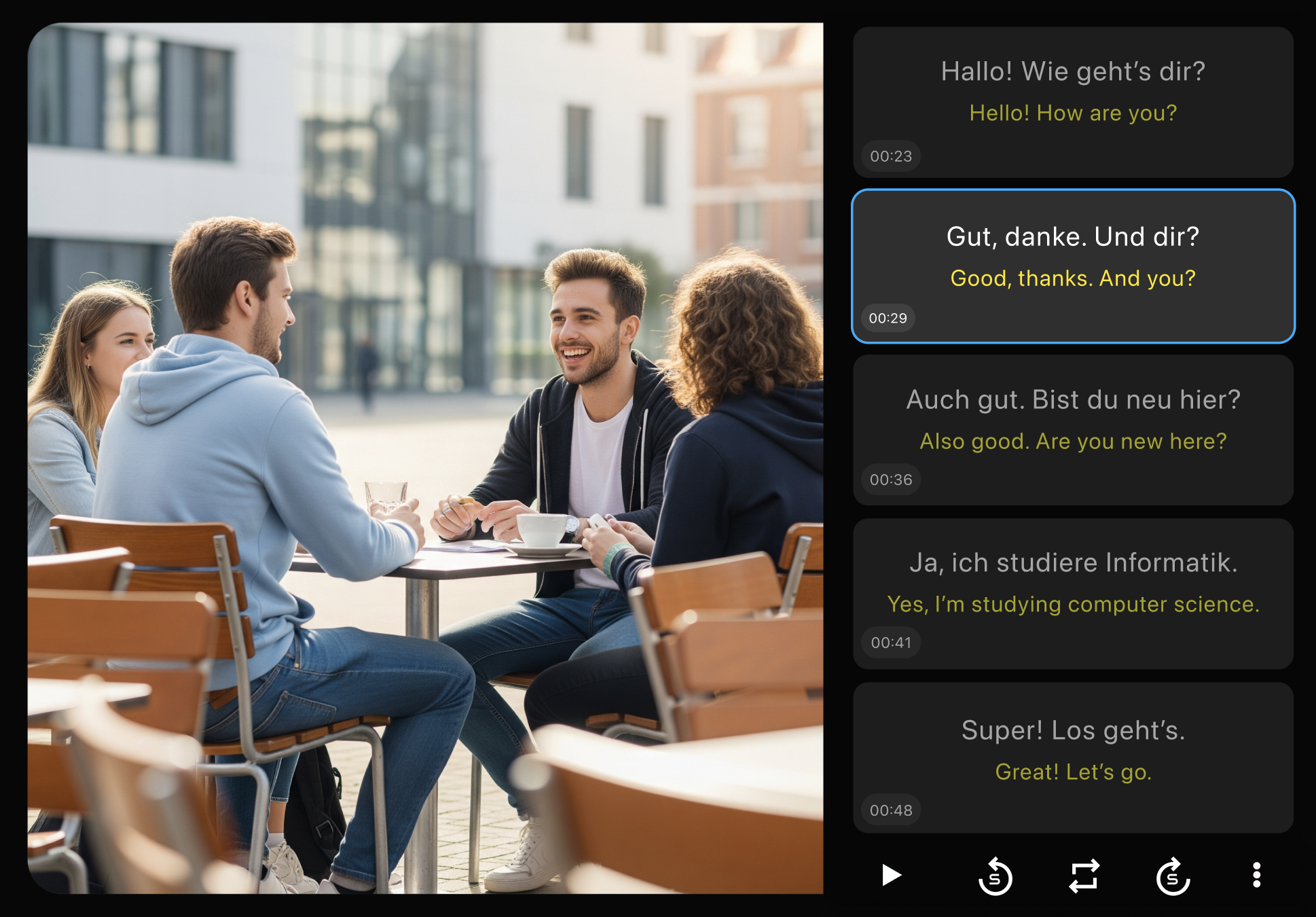 SubX Player showing video playback with a dual-language subtitle panel listing German lines and English translations
