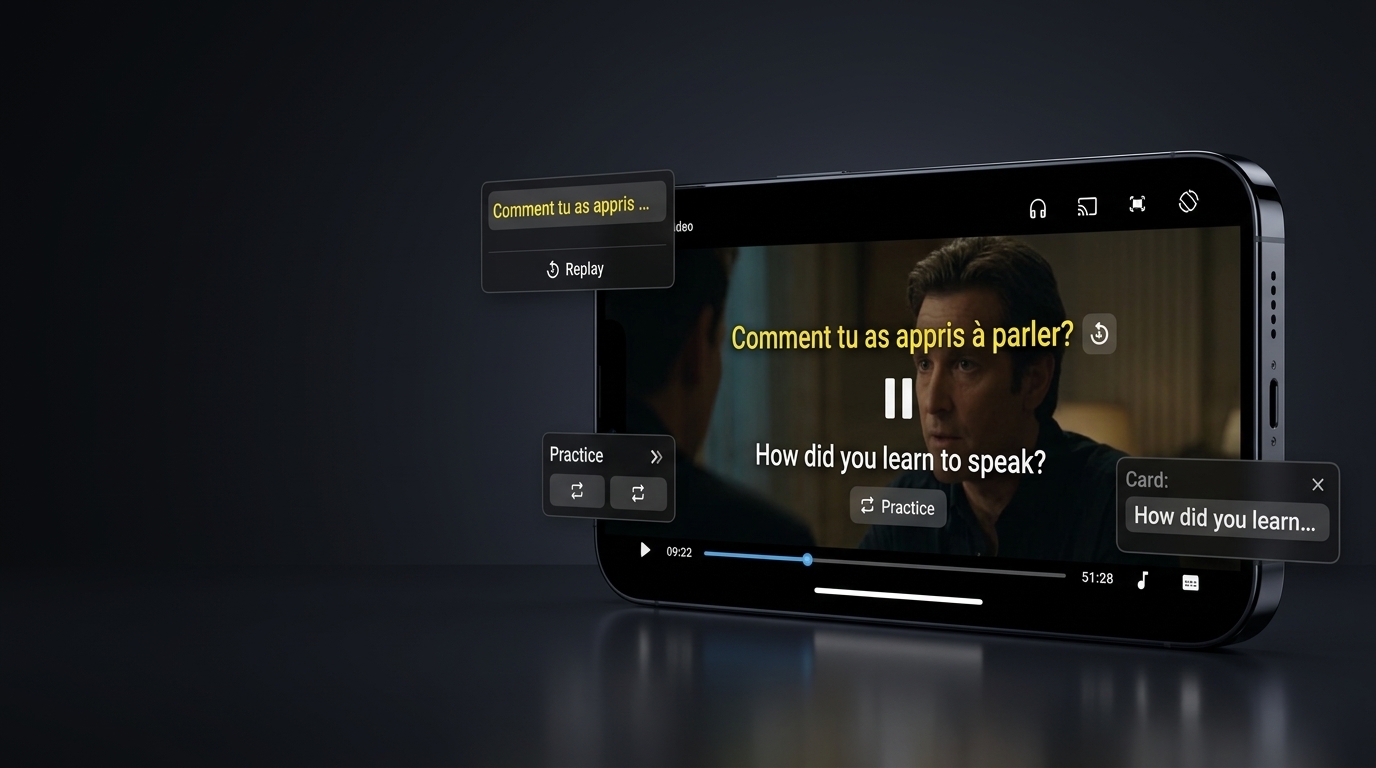SubX Player on a phone showing dual French and English subtitles with practice and replay controls