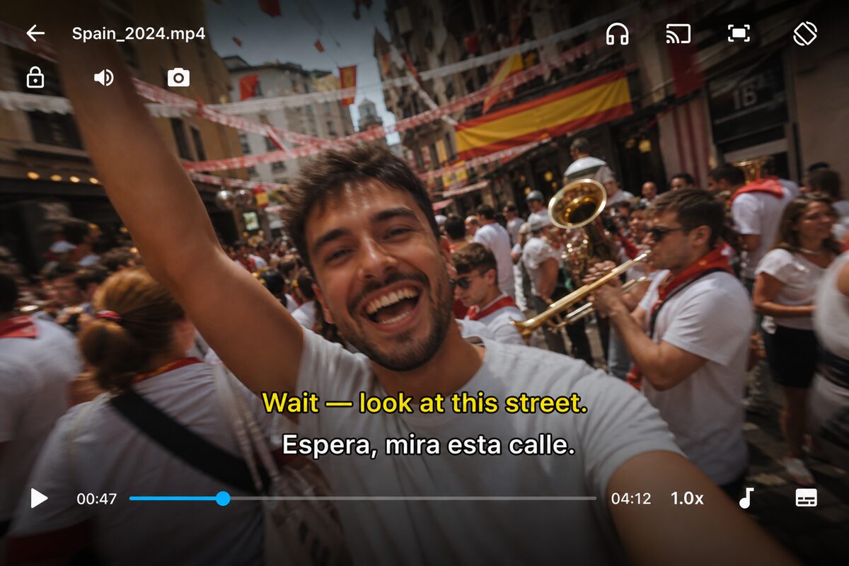SubX Player showing a local travel video file with dual English and Spanish subtitles