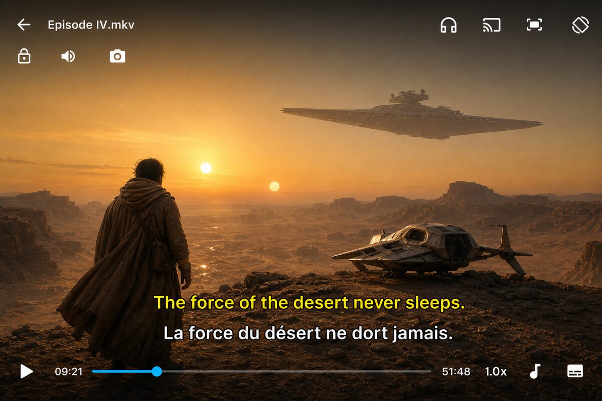 SubX Player showing a foreign-language movie with dual English and French subtitles