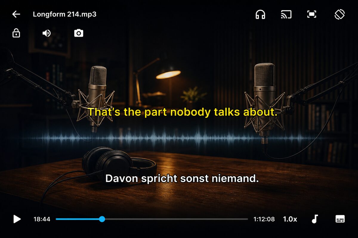 SubX Player showing a podcast with dual English and German subtitles and a waveform