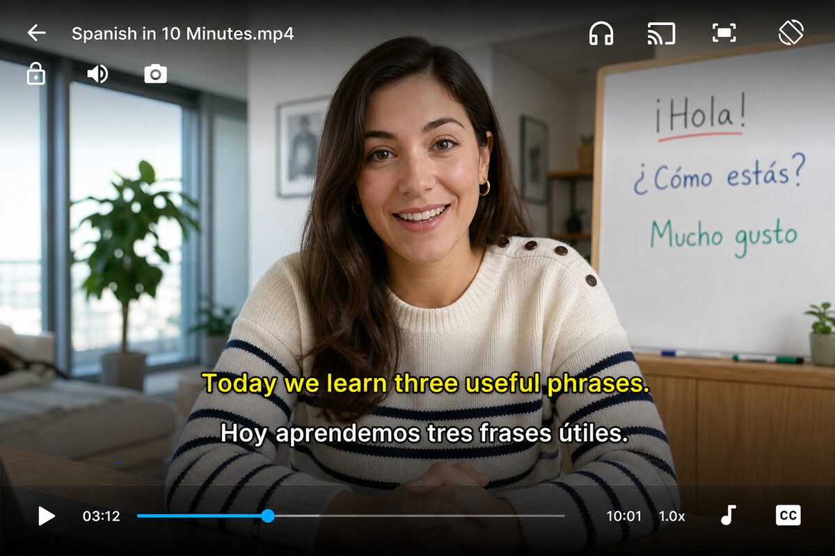 SubX Player showing a language-learning YouTube video with dual English and Spanish subtitles