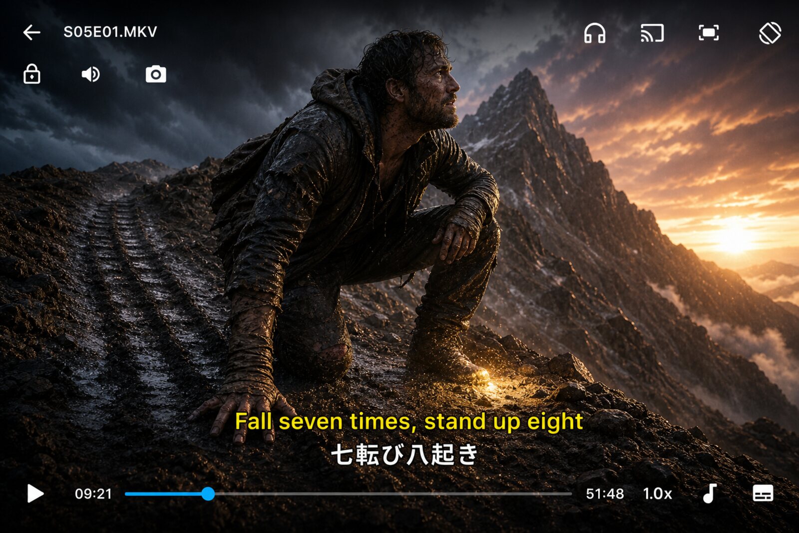 SubX Player showing dual subtitles: Fall seven times, stand up eight, with Japanese translation, over a climber rising on a storm-lit mountain ridge
